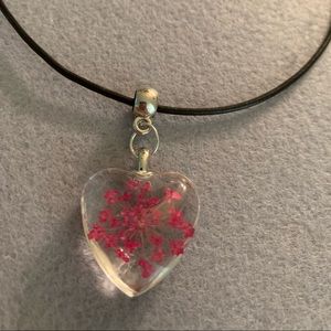 Dried pink flower heart necklace